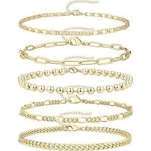 Dainty 14K Real Gold Plated Bracelets Set For Women，Stackable Beaded Cuban Chain